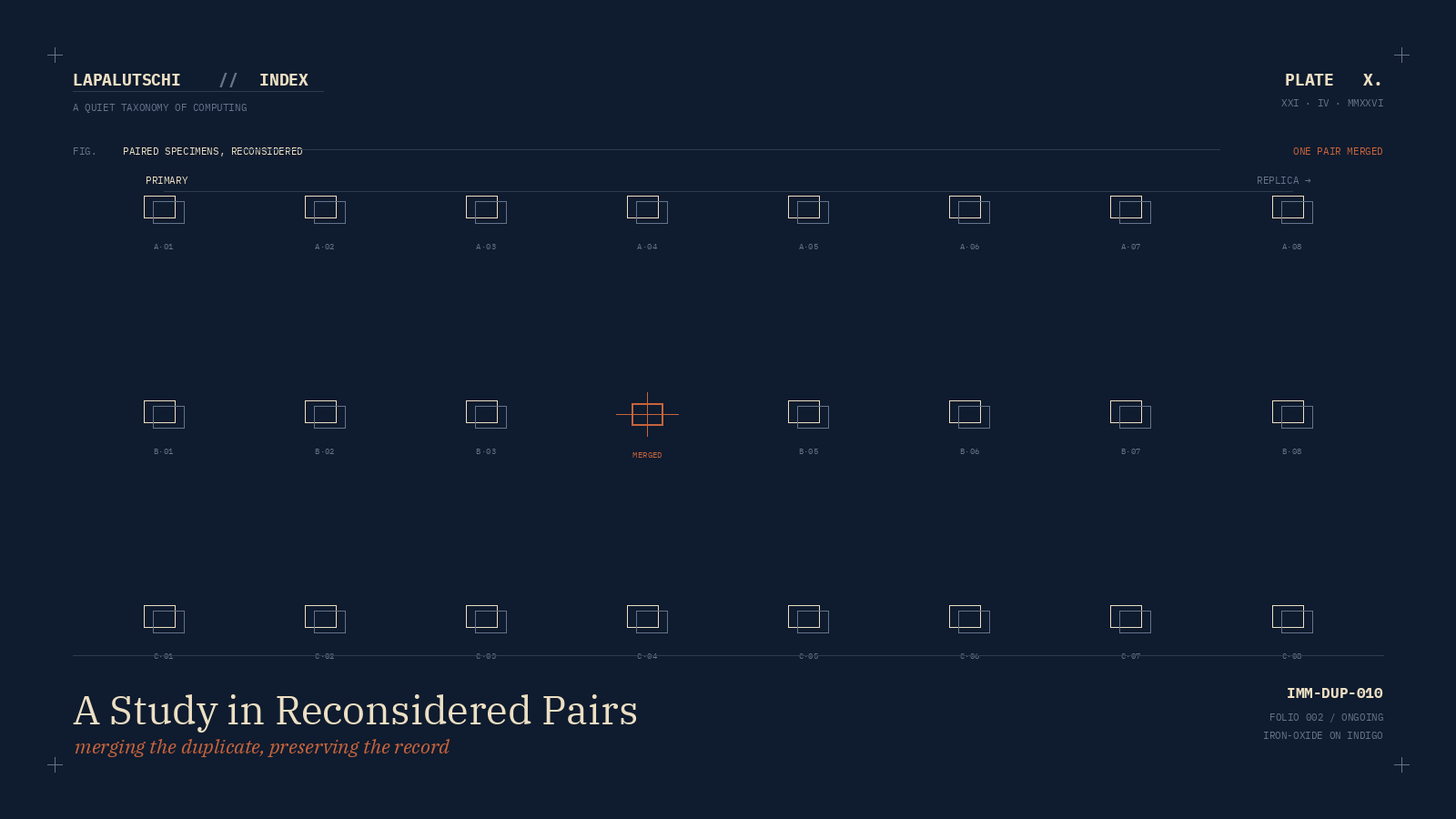 Raster aus Dublettenpaaren in drei Zeilen mit je acht Spalten, ein Paar ist zusammengeführt und in Iron-Oxide mit Fadenkreuz hervorgehoben