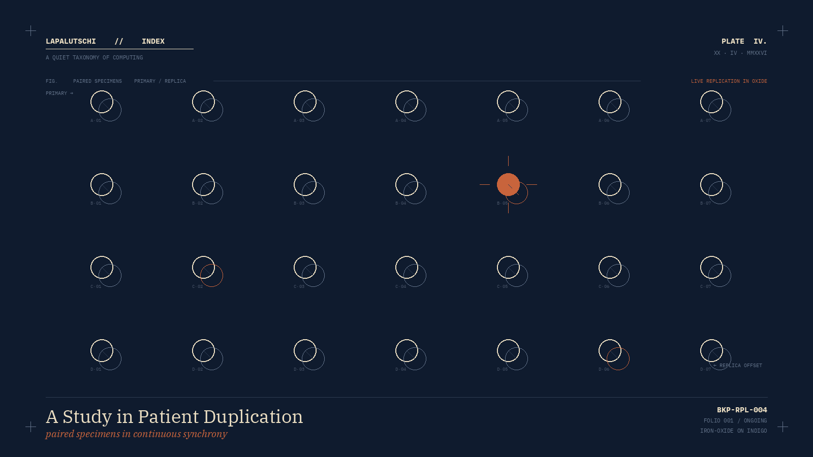 Wissenschaftliche Tafel mit einem Feld aus gepaarten Kreisen – Sinnbild für Primär- und Replika-VMs im Backup-Prozess, eines der Paare in iron-oxide