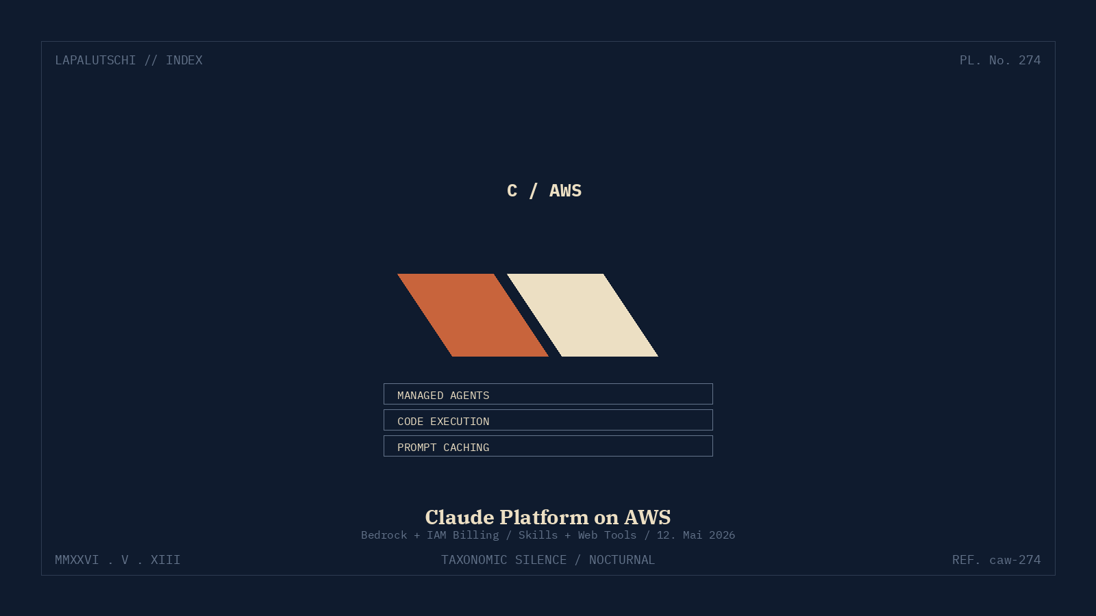 Lapalutschi-Plate 274: Claude Platform on AWS — Chevron-Logo über drei API-Schichten Managed Agents, Code Execution, Prompt Caching.