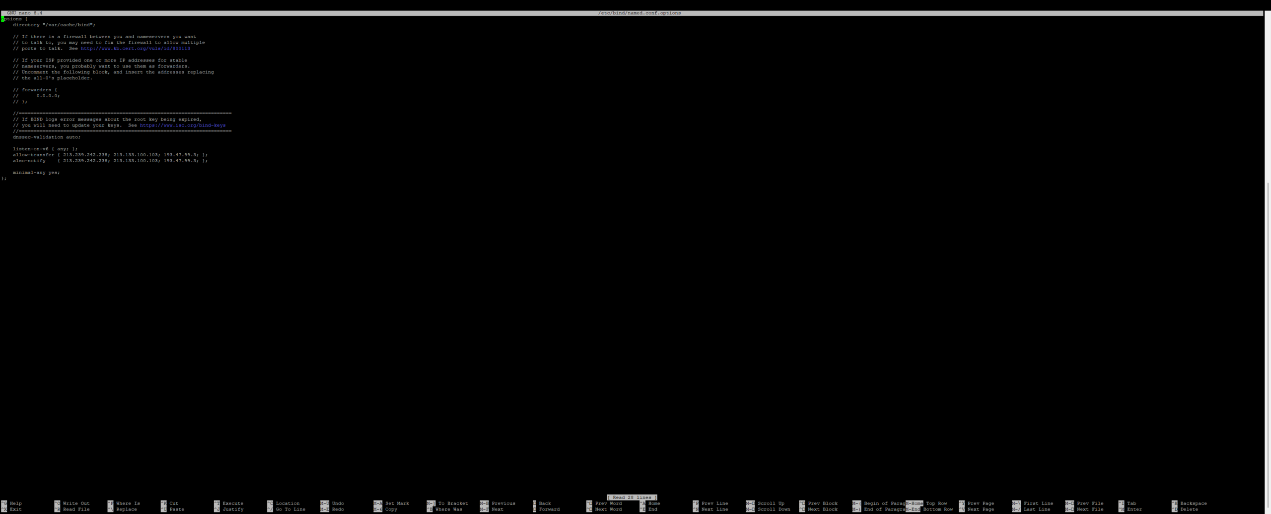 BIND-Konfigurationsdatei named.conf.options im Editor mit allow-transfer und also-notify