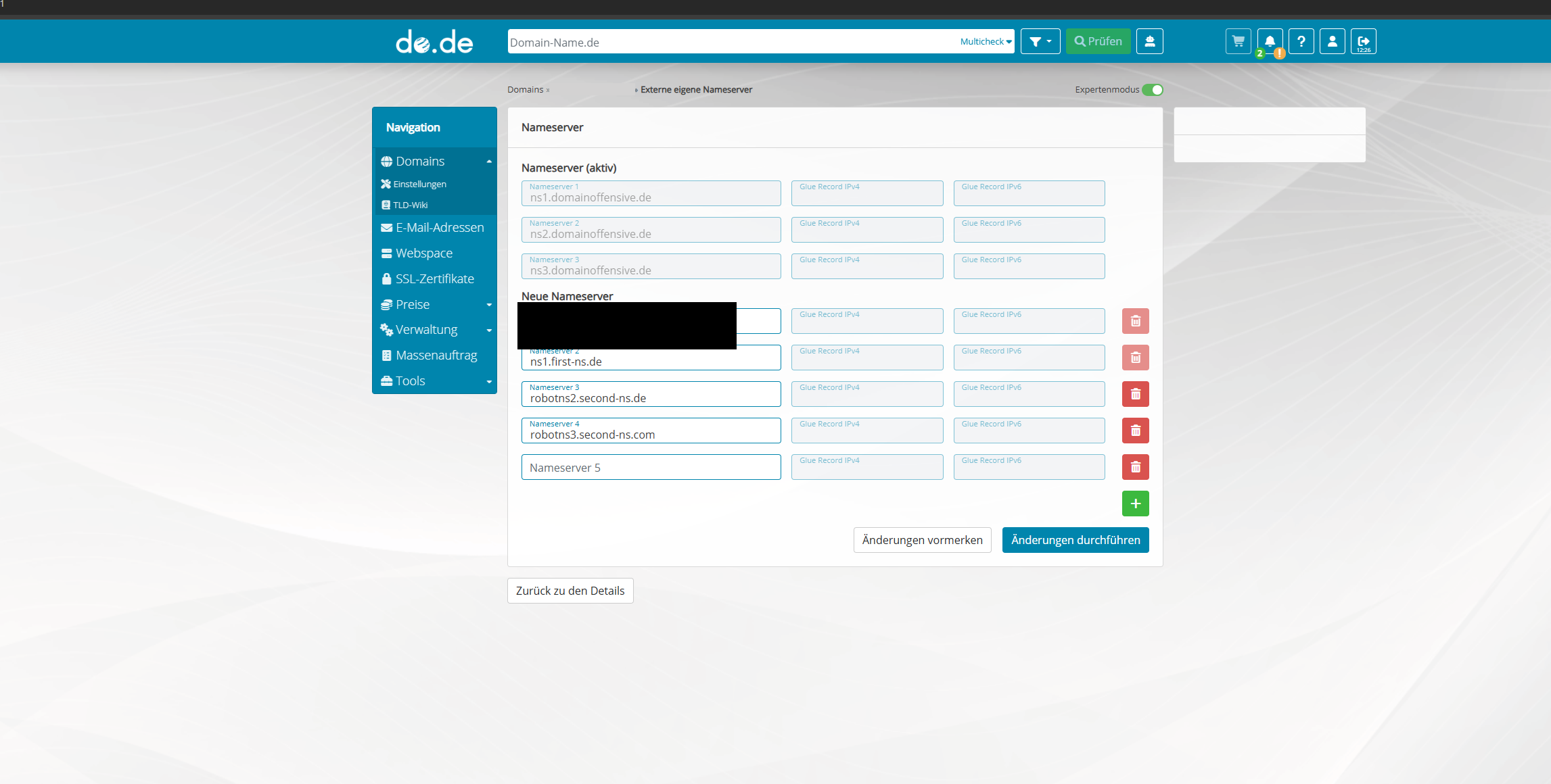 do.de Eingabemaske für externe eigene Nameserver mit den vier eingetragenen Nameservern