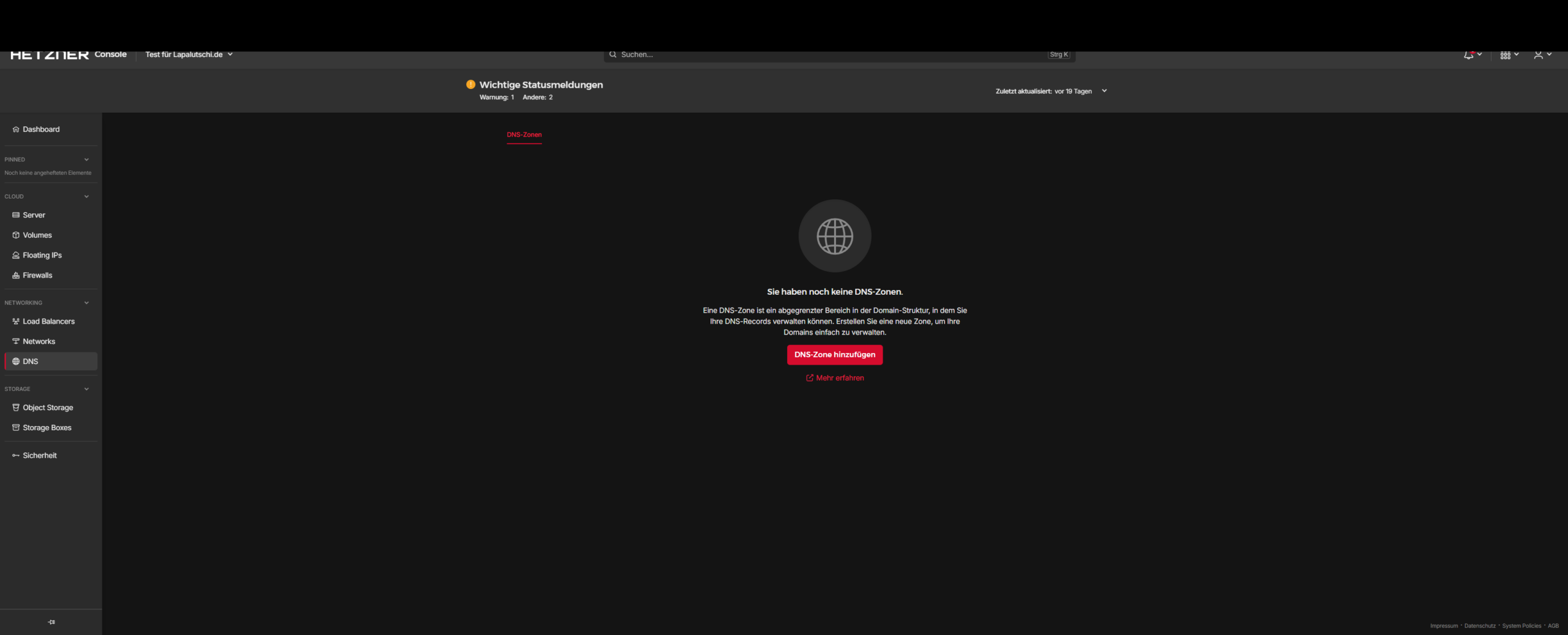 Hetzner Console DNS-Bereich ohne vorhandene Zonen
