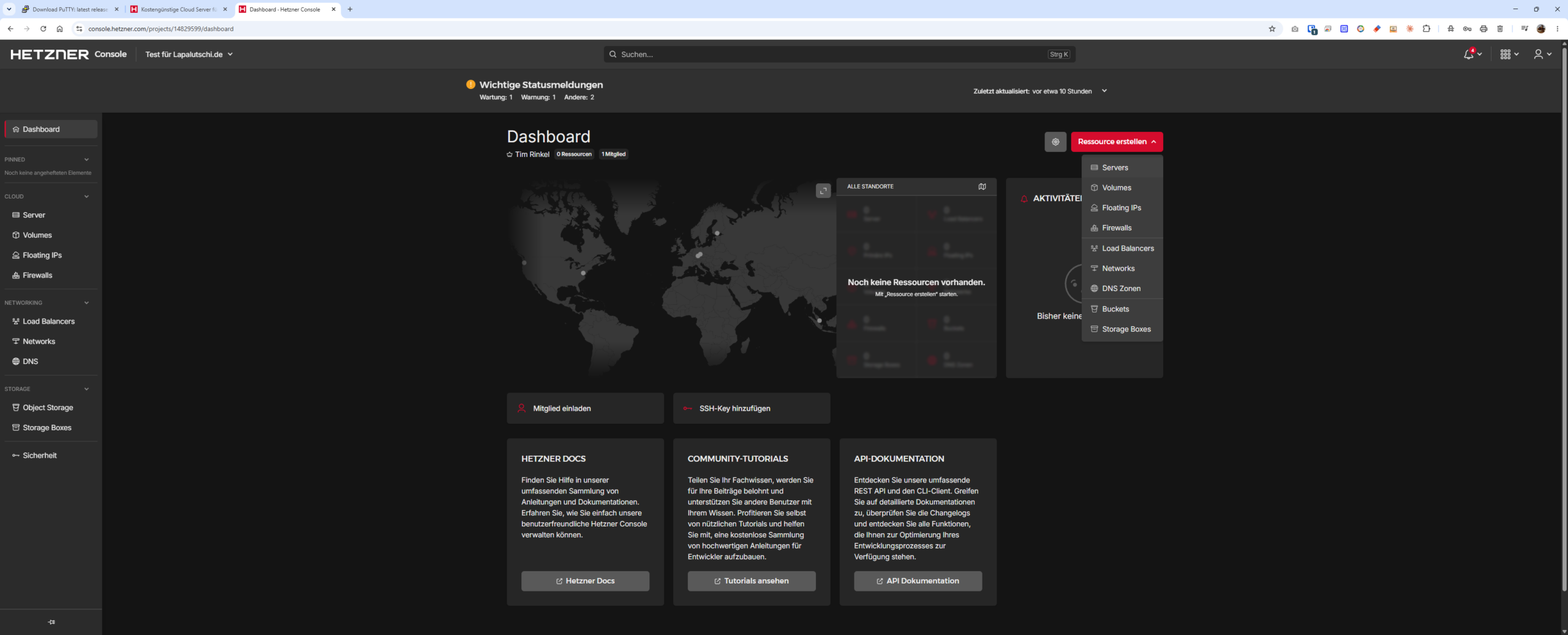 Hetzner-Dashboard mit aufgeklapptem Menü Ressource erstellen und Auswahl Servers