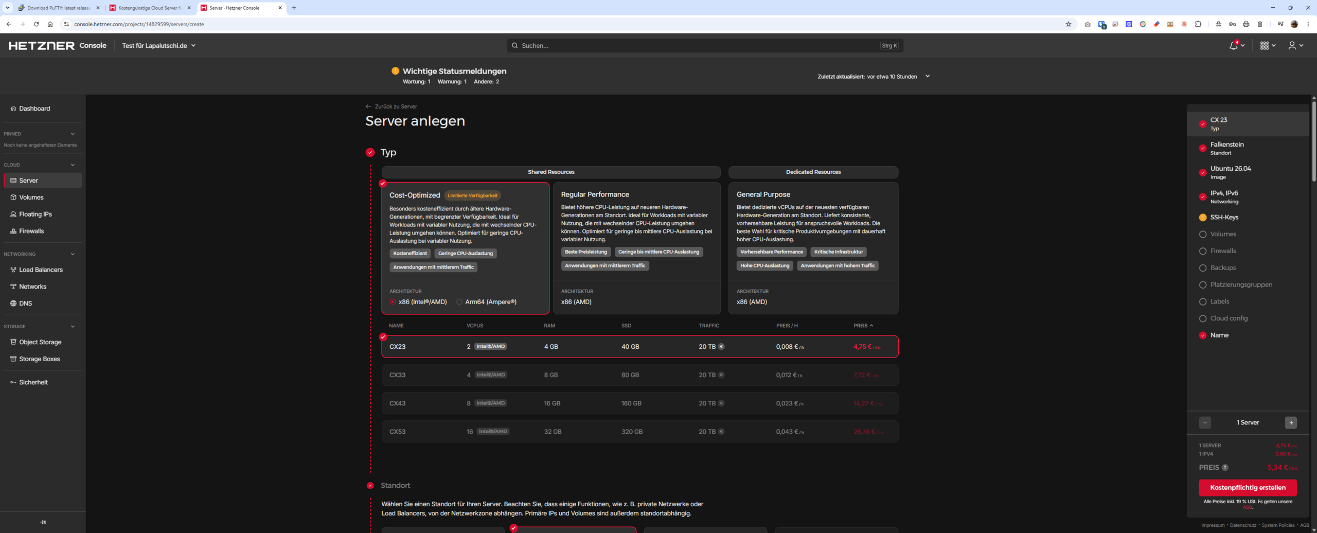 Hetzner-Auswahl des Servertyps, Cost-Optimized Modell markiert