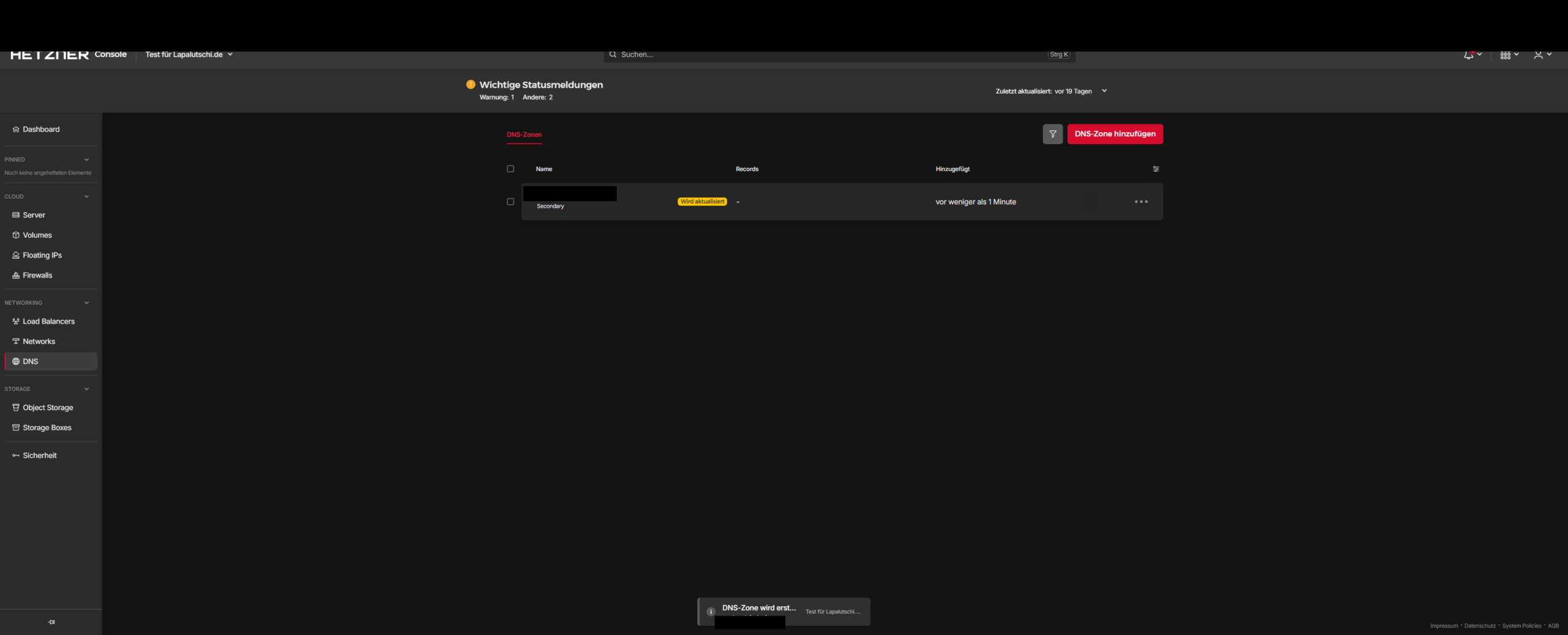 Hetzner Console mit der neu angelegten sekundären DNS-Zone in der Übersicht