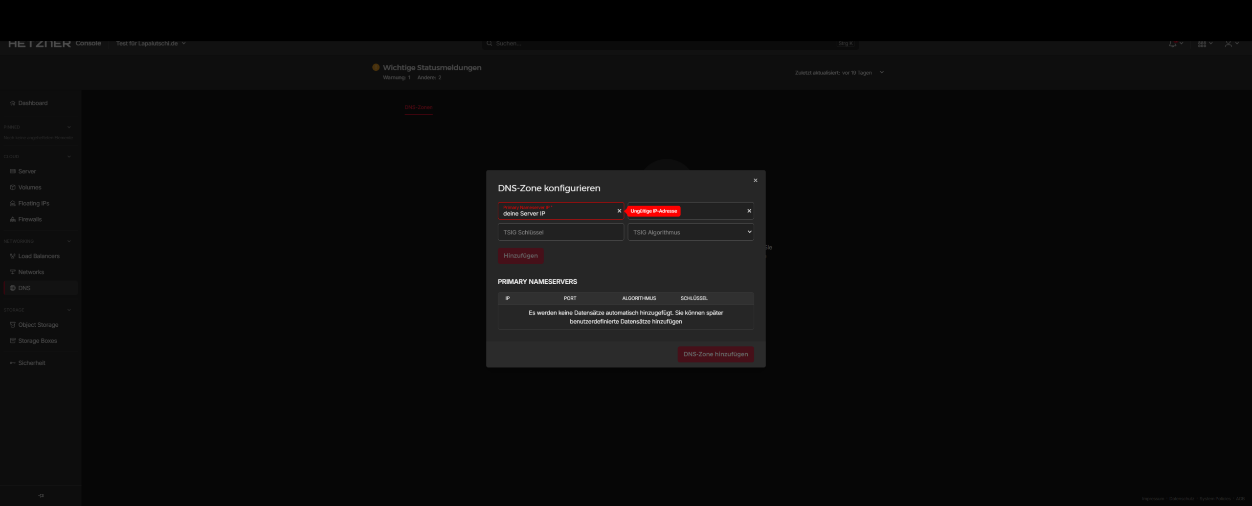 Hetzner Dialog DNS-Zone konfigurieren mit Feld für die Primary Nameserver IP