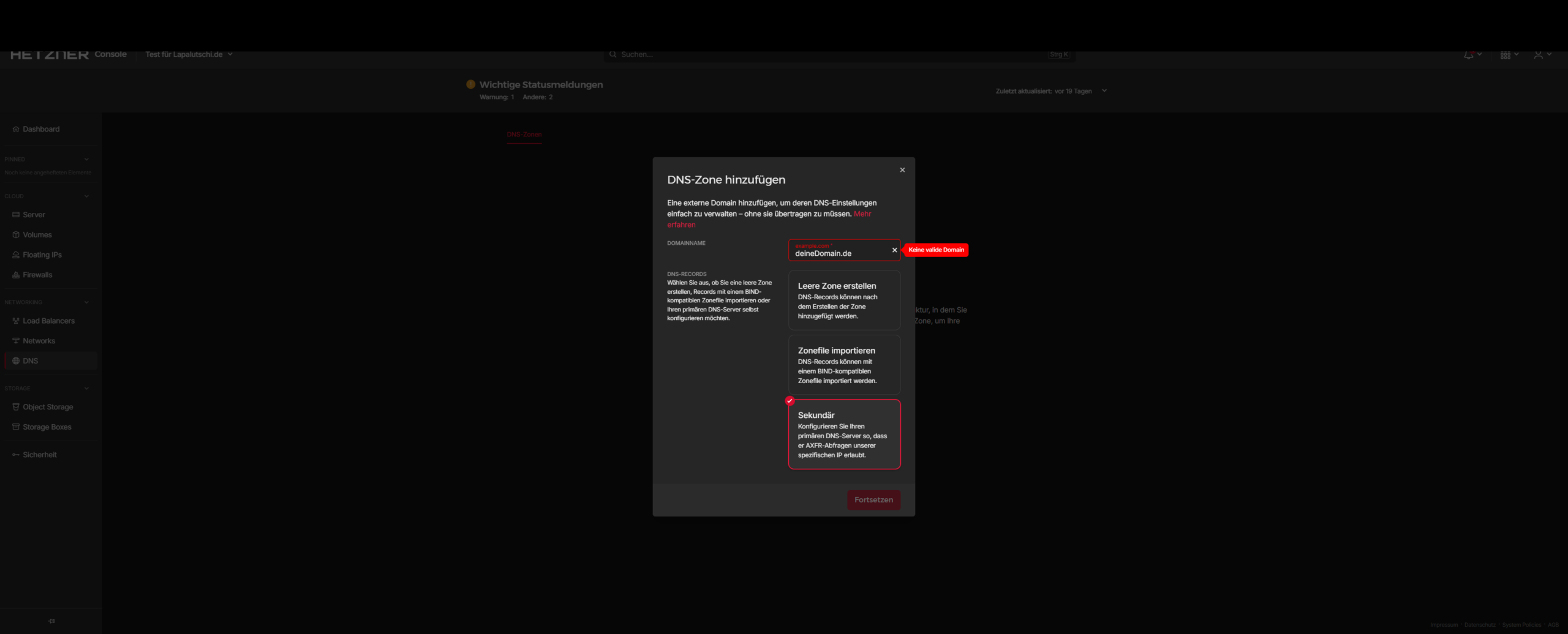Hetzner Dialog DNS-Zone hinzufügen mit ausgewählter Option Sekundär