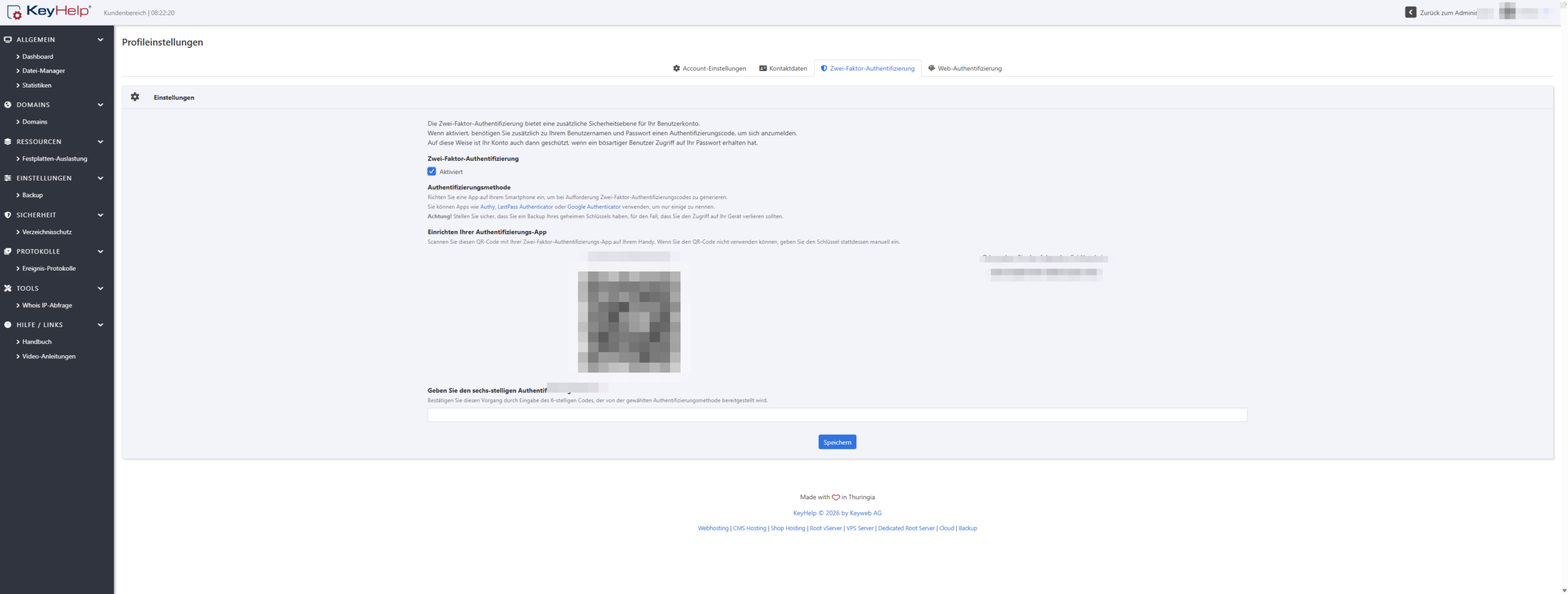 KeyHelp Profileinstellungen, Tab Zwei-Faktor-Authentifizierung: QR-Code und geheimer Schlüssel im Bild unkenntlich gemacht