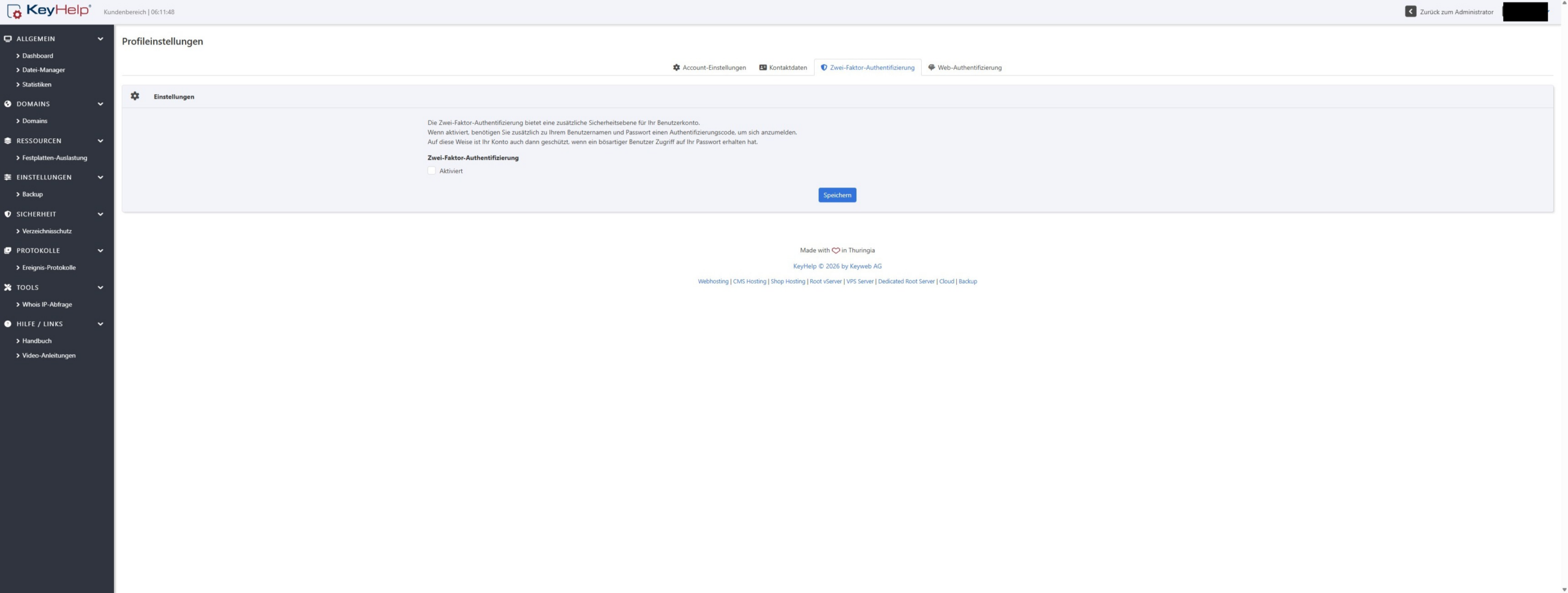 KeyHelp Profileinstellungen, Tab Zwei-Faktor-Authentifizierung vor dem Aktivieren