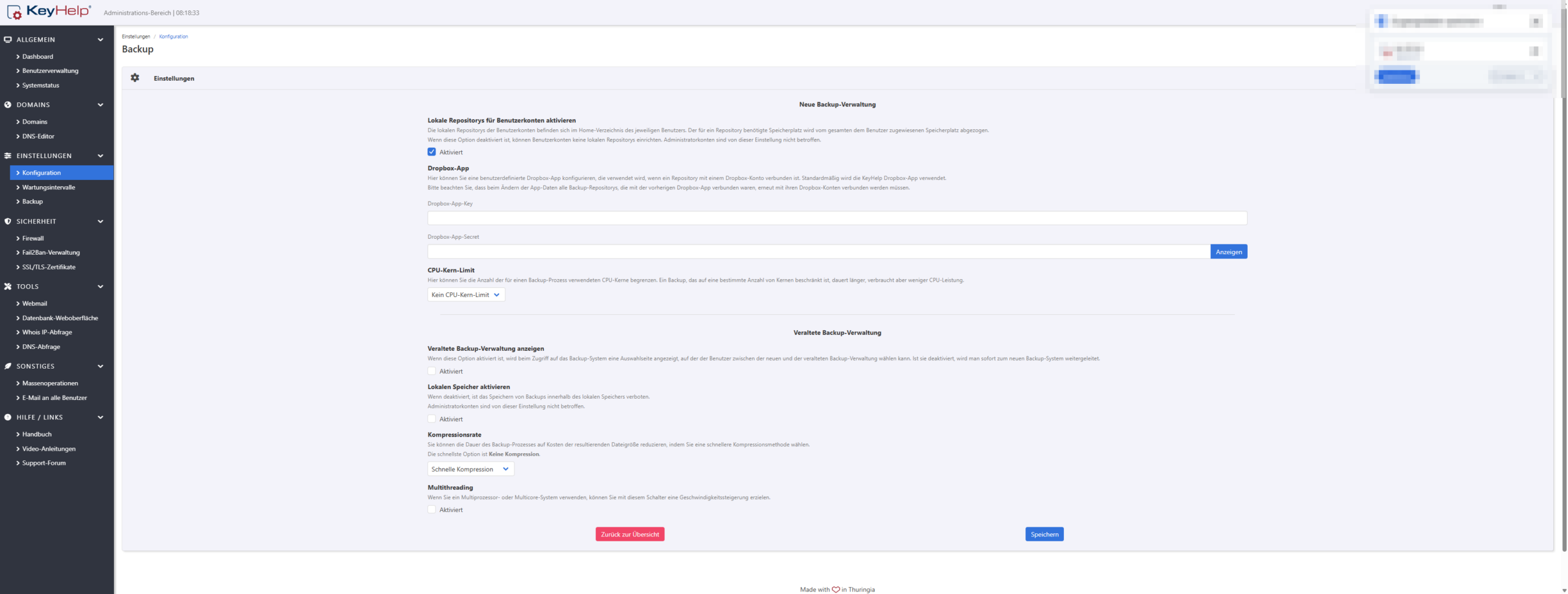 Globale Backup-Einstellungen im KeyHelp-Adminbereich: lokale Benutzer-Repositorys, Dropbox-App, CPU-Kern-Limit und Kompressionsrate