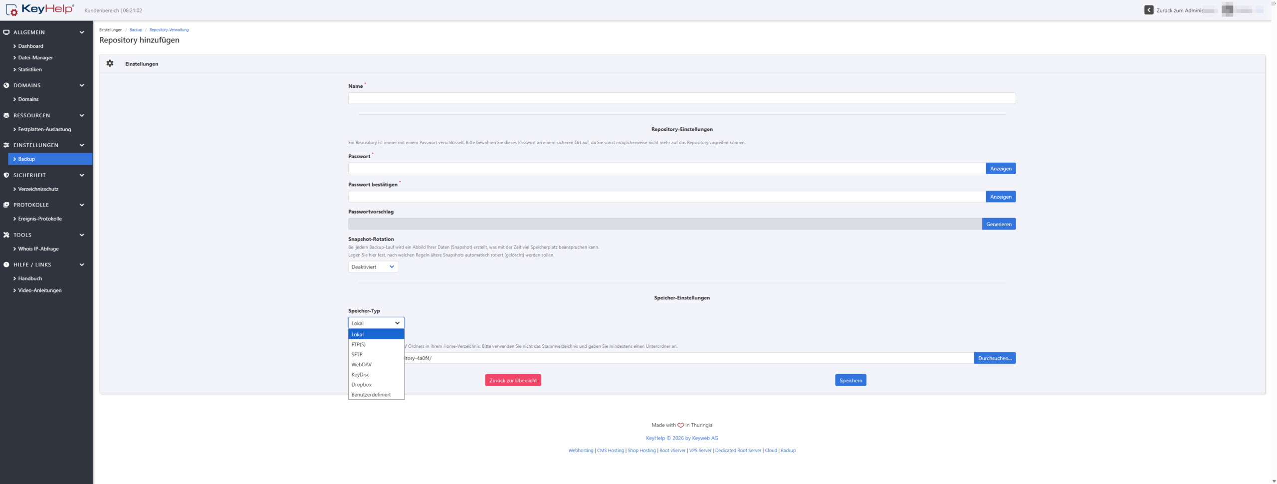 KeyHelp-Dialog Repository hinzufügen mit Pflicht-Passwortfeldern, Snapshot-Rotation und geöffnetem Speicher-Typ-Dropdown