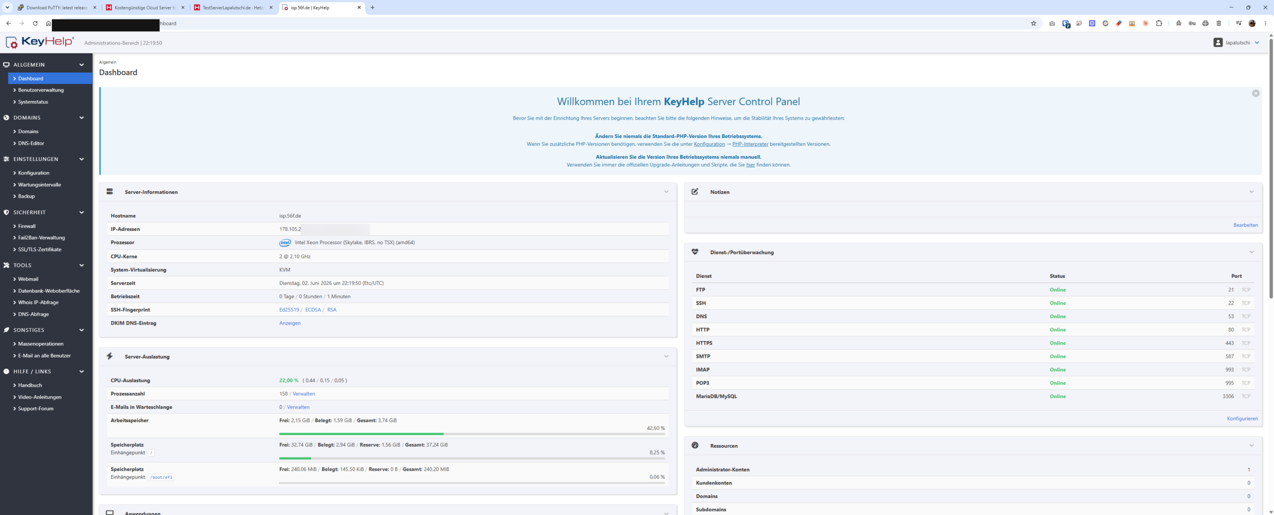 KeyHelp Dashboard mit Systemübersicht