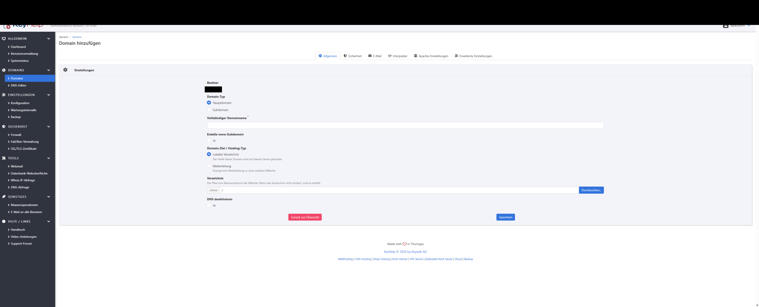 KeyHelp Domain-Formular mit Domain-Typ Hauptdomain und Domainname-Feld