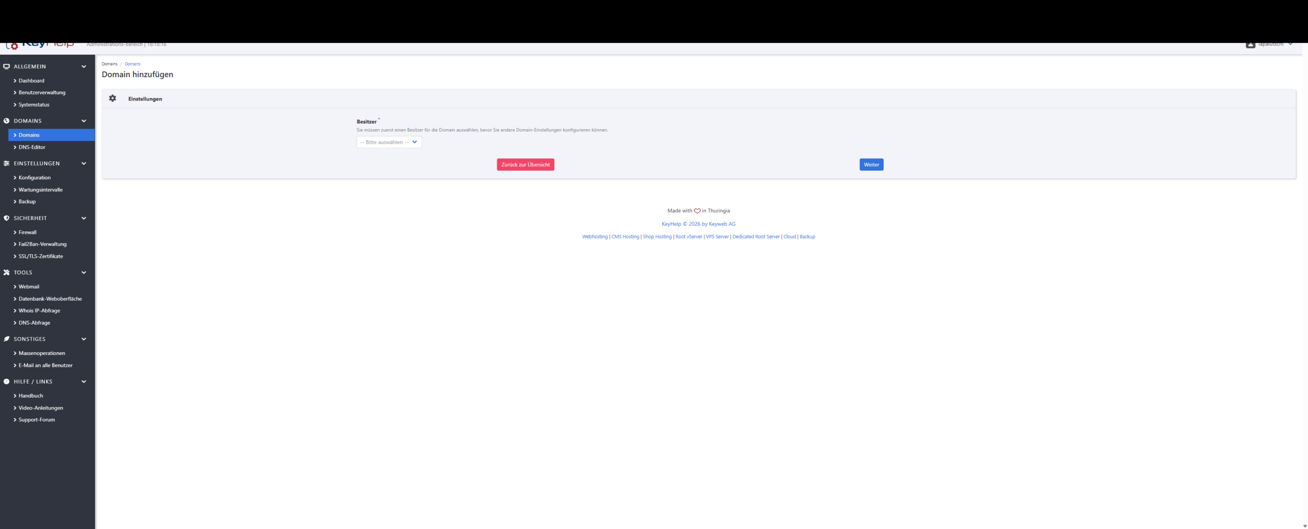 KeyHelp Domain hinzufügen, Auswahl des Besitzers