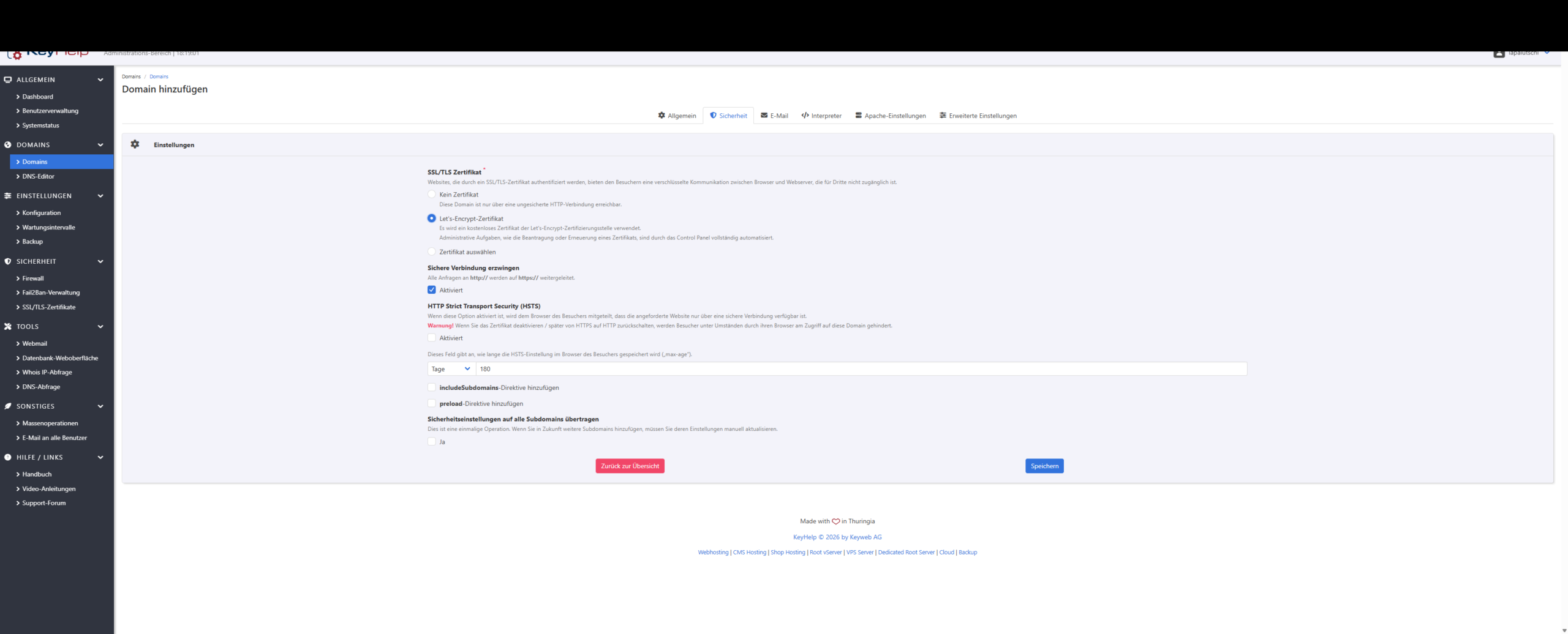 KeyHelp Sicherheits-Reiter mit ausgewähltem Let's-Encrypt-Zertifikat