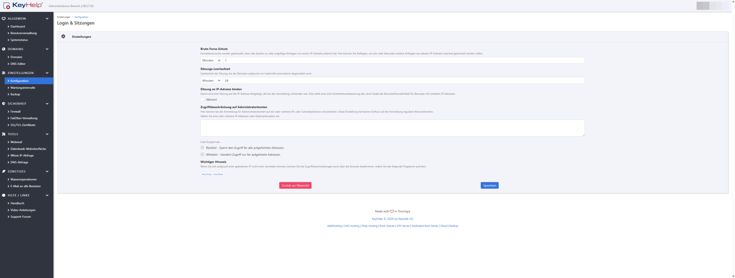 KeyHelp Konfiguration Login und Sitzungen: Brute-Force-Schutz, Sitzungs-Leerlaufzeit, Sitzung an IP-Adresse binden und Zugriffsbeschränkung auf Administratorkonten