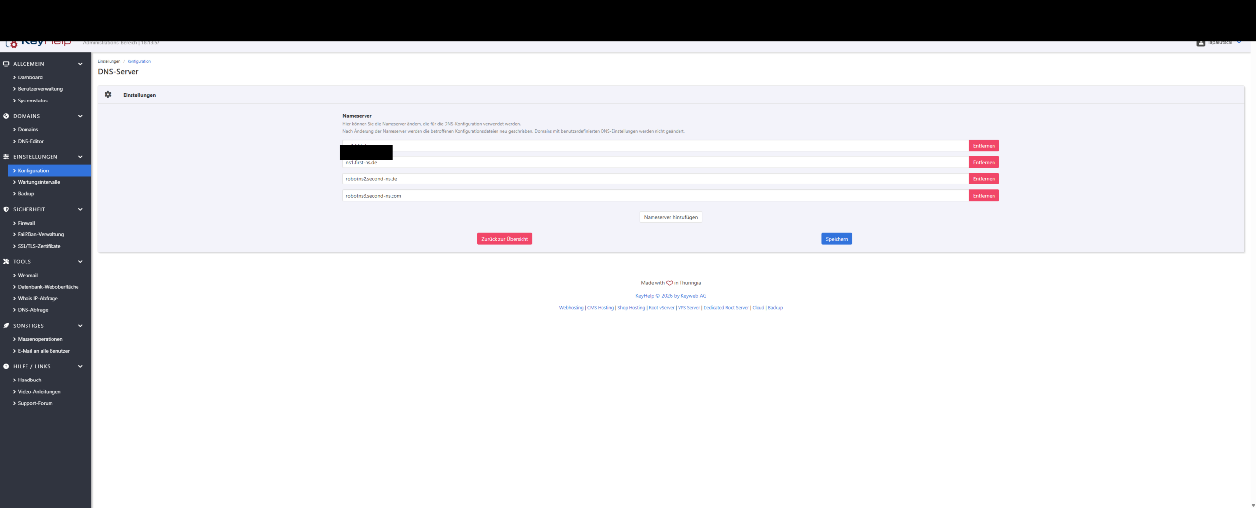 KeyHelp DNS-Server-Einstellungen mit dem eigenen Primary-Nameserver und Hetzners drei Secondary-Nameservern