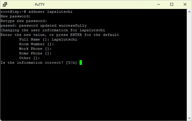 Terminal: adduser-Dialog mit Passwortabfrage und der Rückfrage Is the information correct