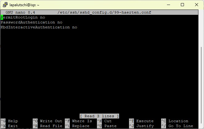 nano-Editor mit PermitRootLogin no, PasswordAuthentication no und KbdInteractiveAuthentication no