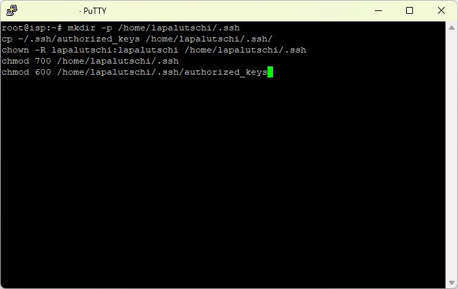 Terminal: mkdir, cp authorized_keys, chown und chmod fuer den .ssh-Ordner des neuen Benutzers