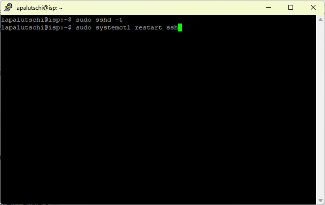 Terminal: sudo systemctl restart ssh laedt den SSH-Dienst neu