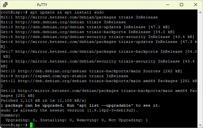 Terminal-Ausgabe: apt meldet, dass sudo bereits in der neuesten Version installiert ist