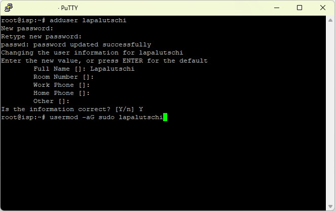 Terminal: usermod -aG sudo nimmt den neuen Benutzer in die Gruppe sudo auf