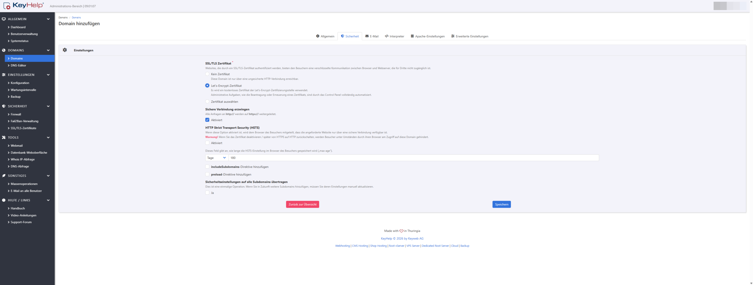 KeyHelp Domain hinzufügen, Tab Sicherheit: Let’s-Encrypt-Zertifikat ausgewählt, sichere Verbindung erzwingen aktiviert, optional HSTS