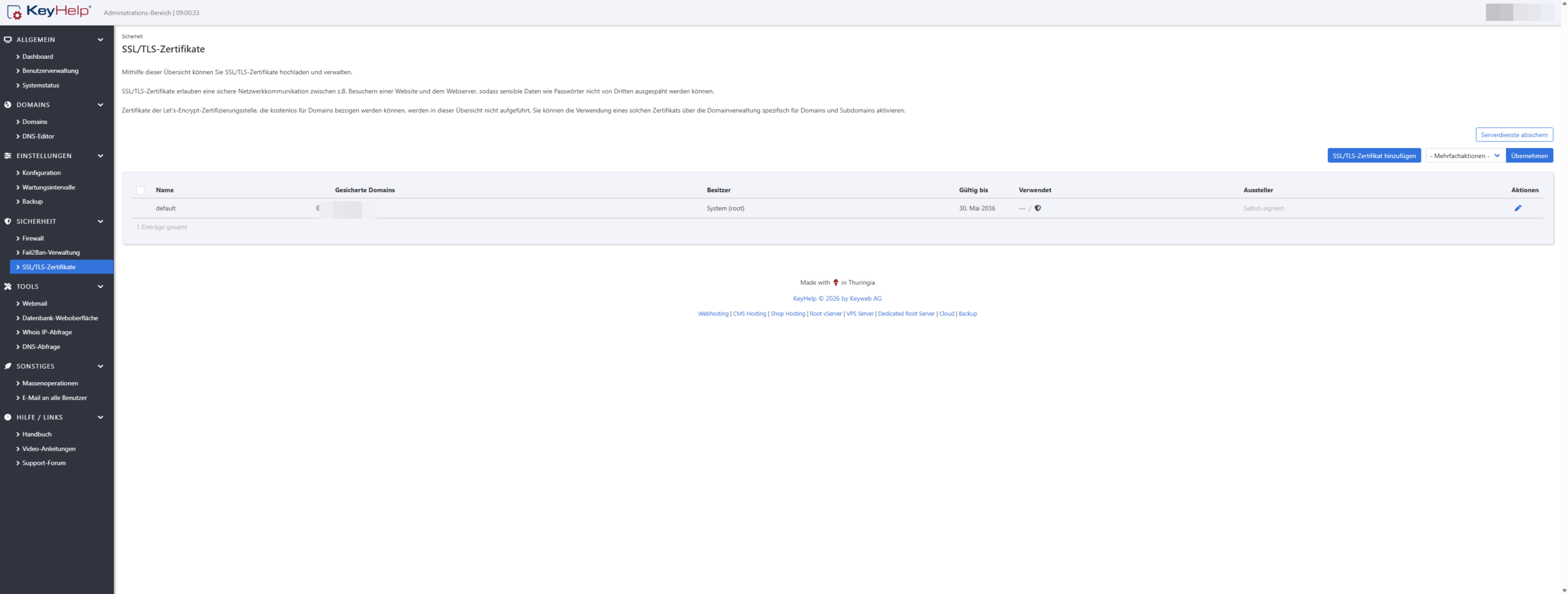 KeyHelp-Übersicht SSL/TLS-Zertifikate: nur das selbstsignierte System-Zertifikat gelistet, Let’s-Encrypt-Zertifikate erscheinen hier nicht