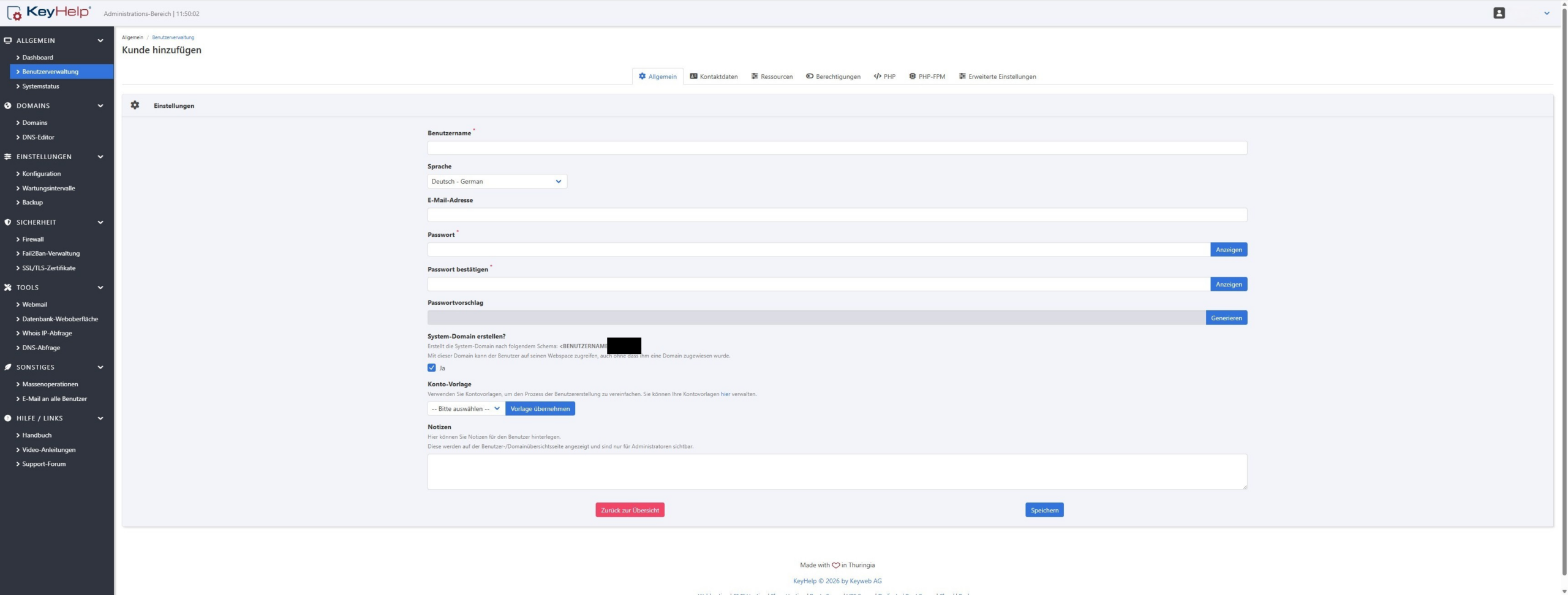 KeyHelp Kunde hinzufügen, Reiter Allgemein mit Benutzername, E-Mail, Passwort und System-Domain