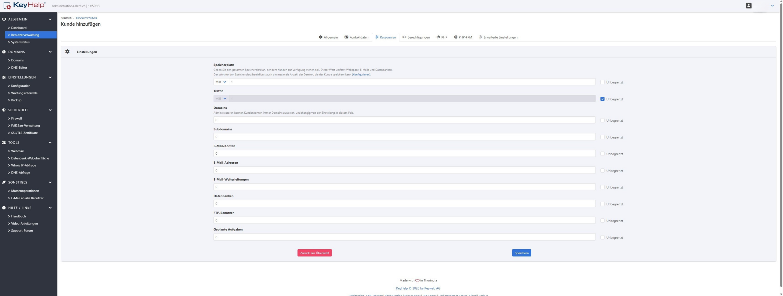 KeyHelp Kunde hinzufügen, Reiter Ressourcen mit Speicherplatz, Traffic, Domains und Datenbanken
