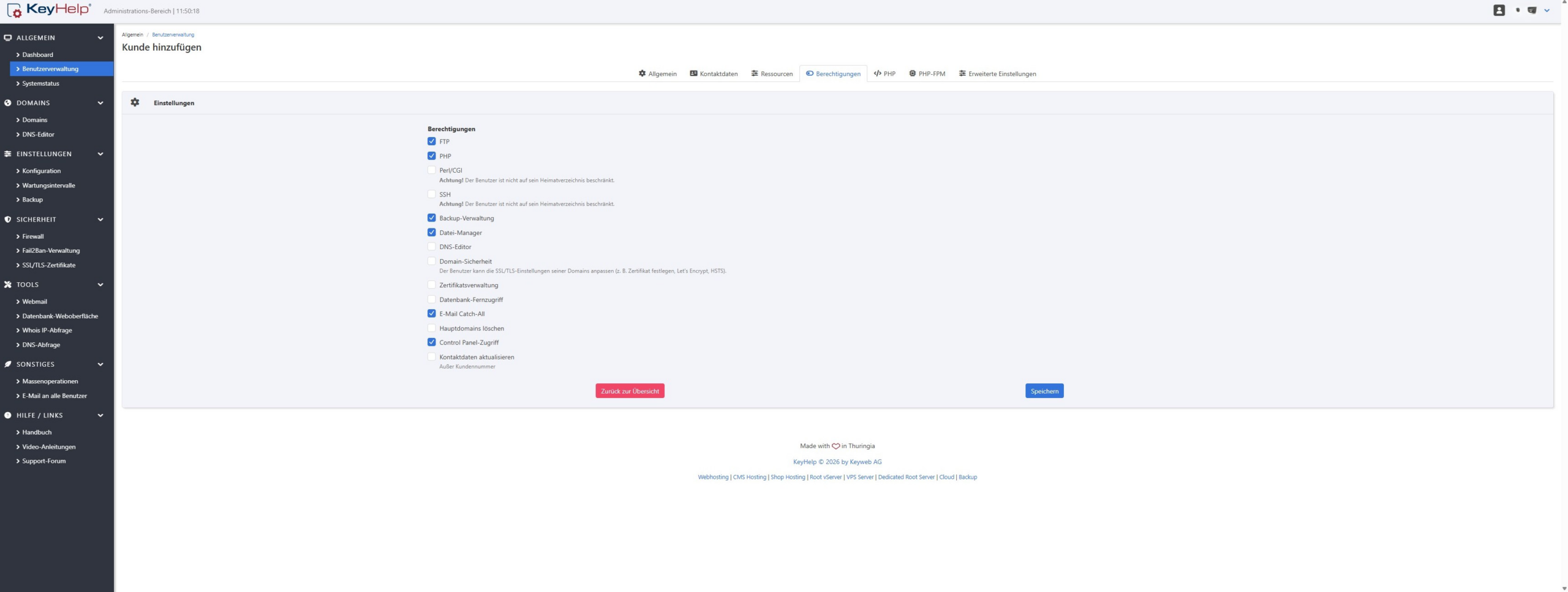 KeyHelp Kunde hinzufügen, Reiter Berechtigungen mit Häkchen für FTP, PHP, Datei-Manager und mehr