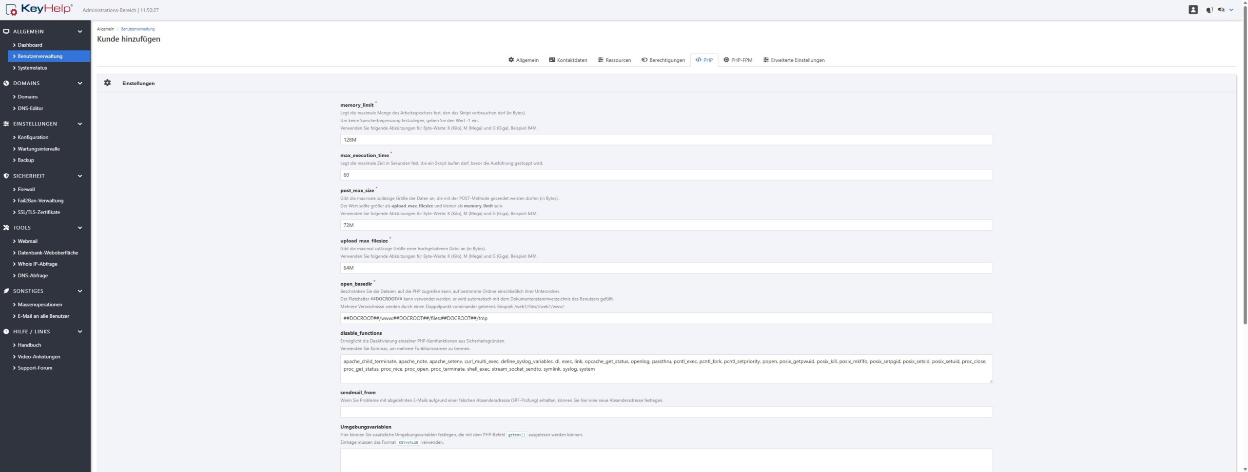 KeyHelp Kunde hinzufügen, Reiter PHP mit memory_limit, upload_max_filesize und weiteren Werten