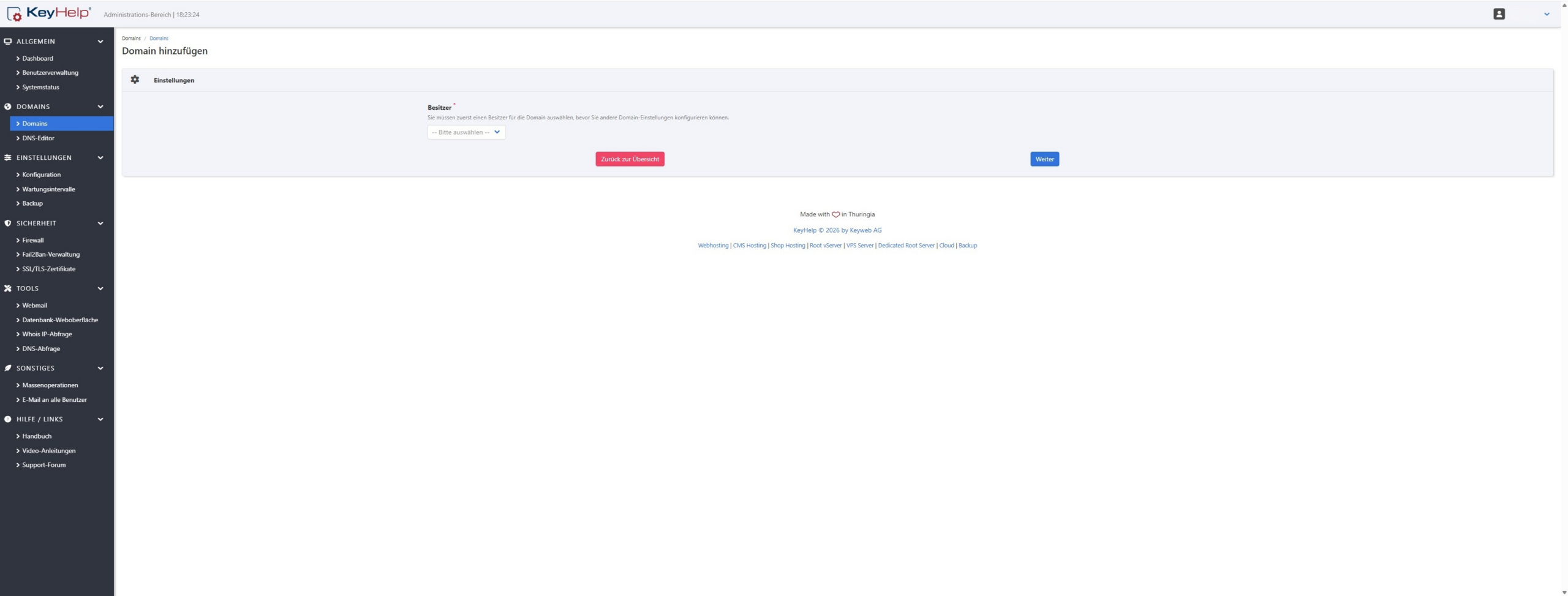 KeyHelp Domain hinzufügen, Auswahl des Besitzers über ein Dropdown