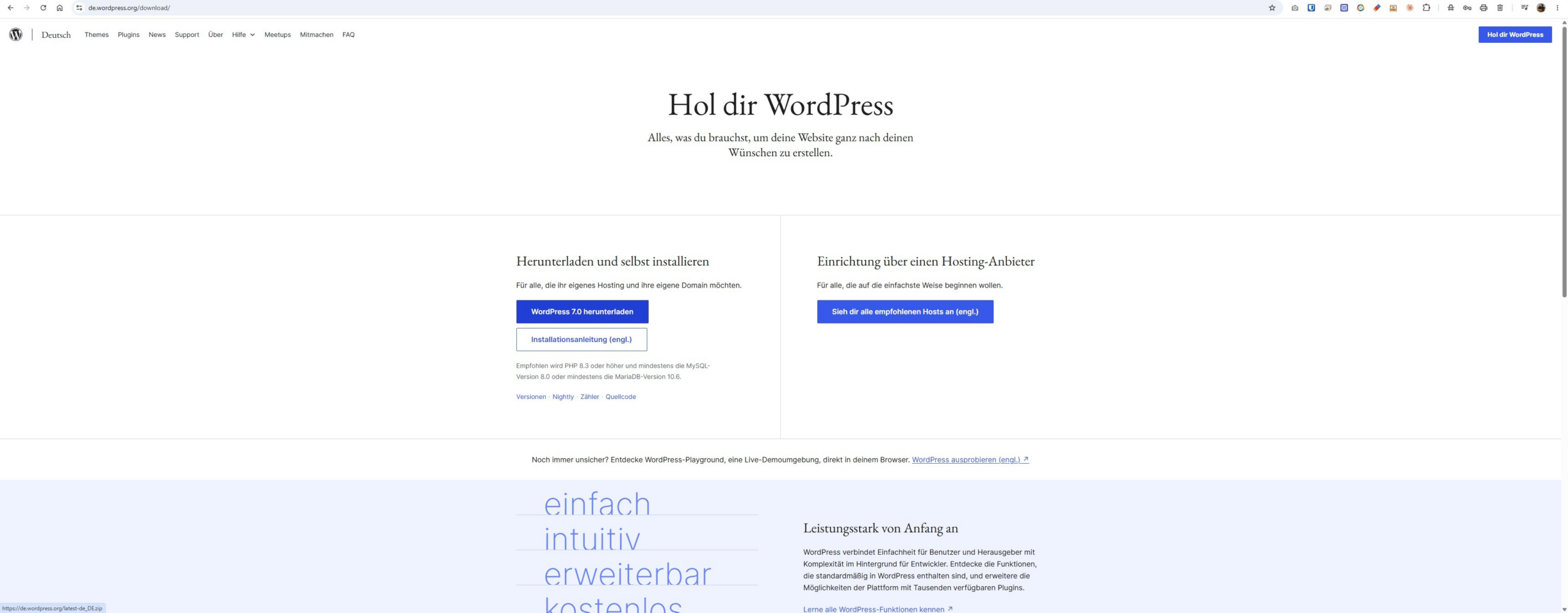 WordPress-Download-Seite de.wordpress.org mit dem Button zum Herunterladen