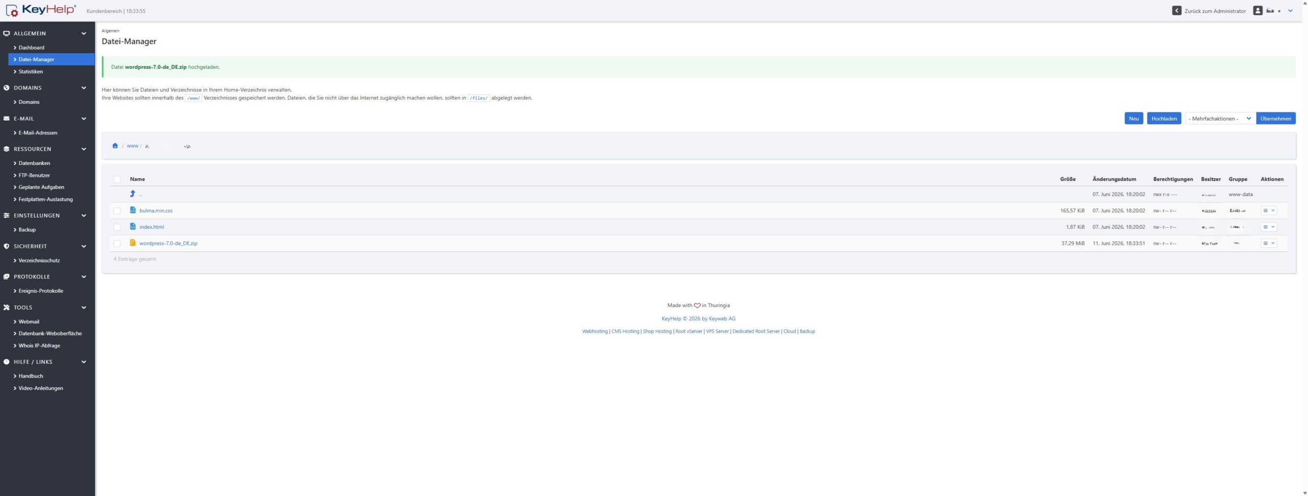 KeyHelp Datei-Manager mit der hochgeladenen Datei wordpress-7.0-de_DE.zip