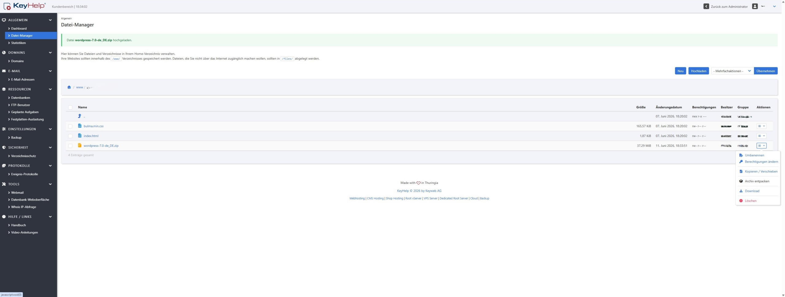 KeyHelp Datei-Manager, Kontextmenue mit der Option Archiv entpacken