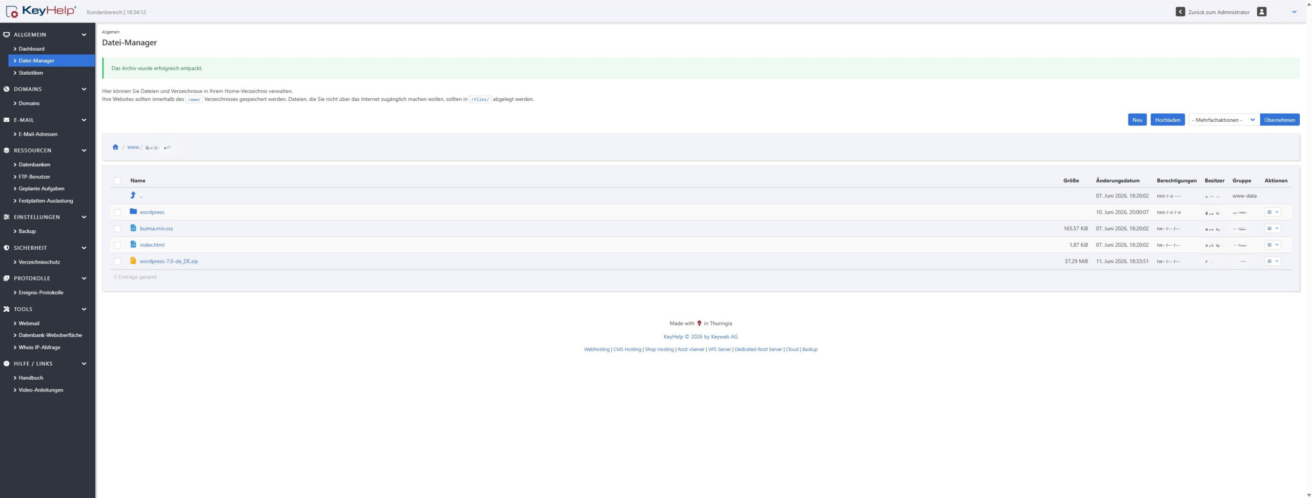 KeyHelp Datei-Manager, der entpackte wordpress-Ordner ist erschienen