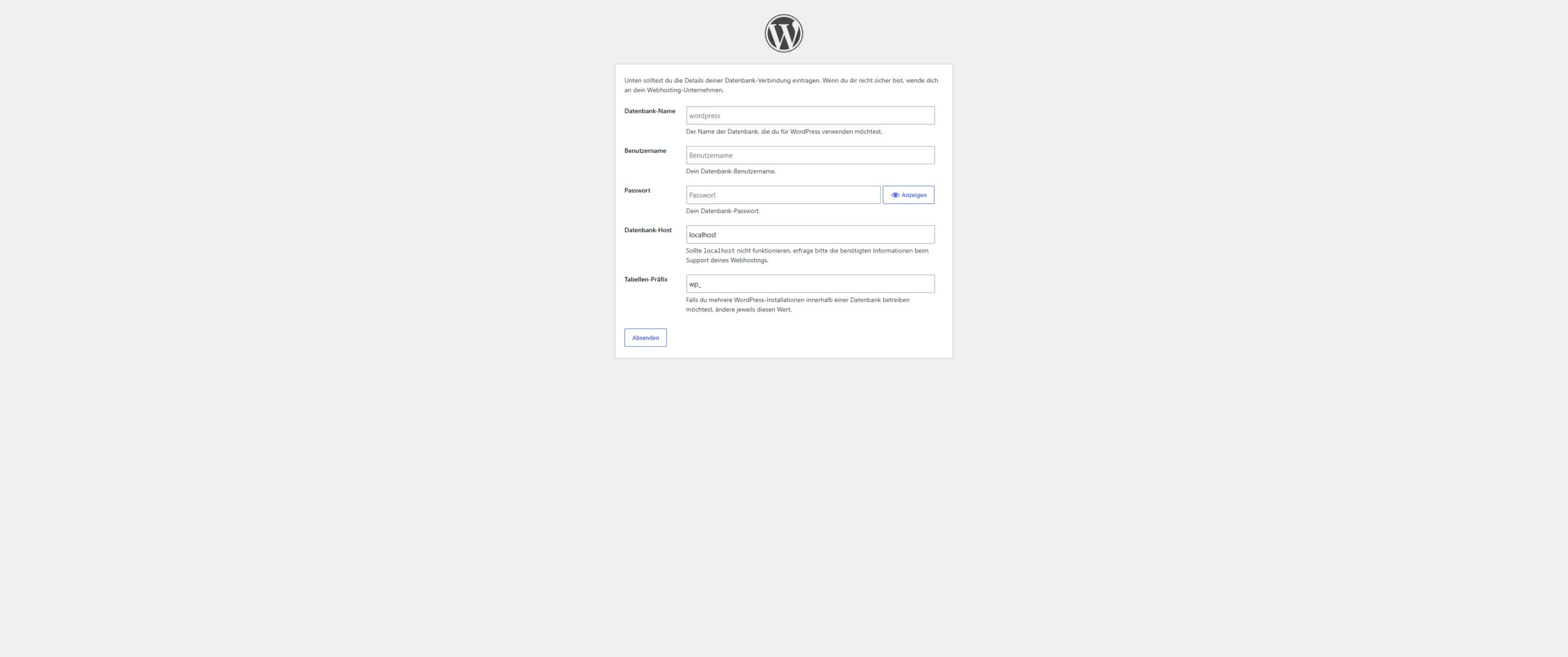 WordPress-Setup, Eingabe der Datenbank-Verbindungsdaten mit Host localhost