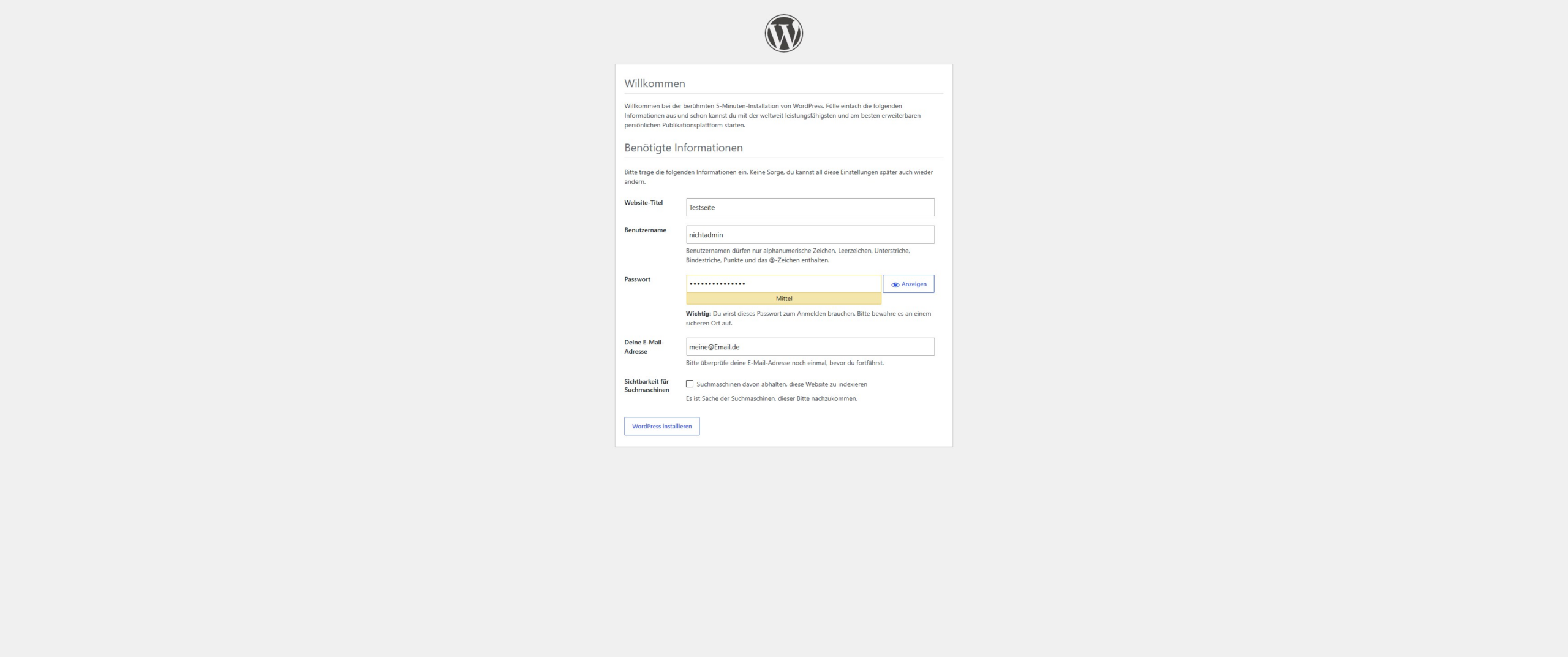 WordPress-Setup, Eingabe von Seitentitel, Admin-Benutzer, Passwort und E-Mail