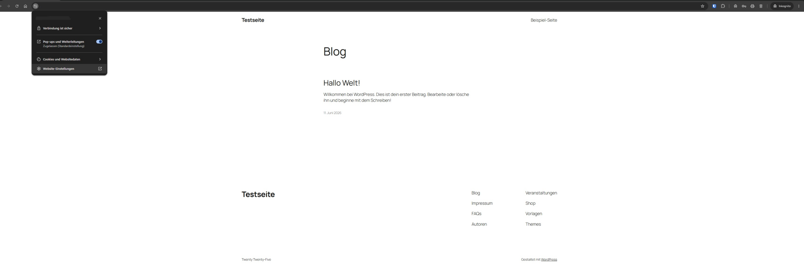 Fertige WordPress-Seite Testseite im Browser mit Hallo-Welt-Beitrag und der Meldung Verbindung ist sicher