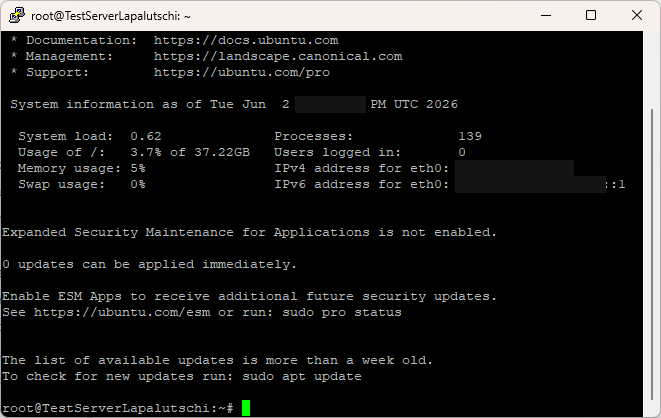 Erfolgreiche SSH-Anmeldung mit Ubuntu-Begrüßung im PuTTY-Fenster