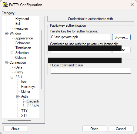 PuTTY Connection SSH Auth mit Feld für den privaten Schlüssel