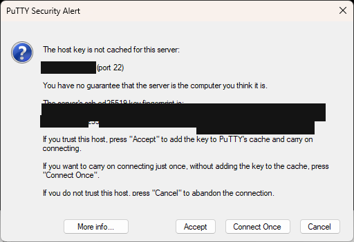 PuTTY Security Alert beim ersten Verbinden mit dem Server