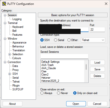 PuTTY-Konfiguration mit eingetragener Server-IP, Port 22 und SSH